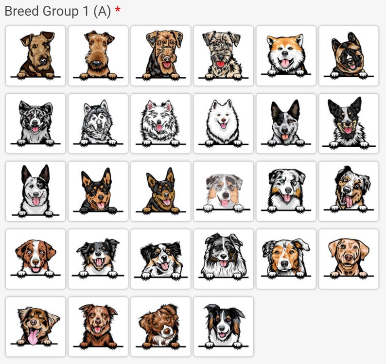 Pode incluir: Grupo de ra&ccedil;as 1 (A) - Uma cole&ccedil;&atilde;o de 25 ra&ccedil;as de c&atilde;es diferentes, incluindo Airedale Terriers, Huskies siberianos, Samoyedos, Pastores australianos e Border Collies. Cada c&atilde;o &eacute; retratado em um estilo de desenho animado, olhando de tr&aacute;s de uma borda branca.