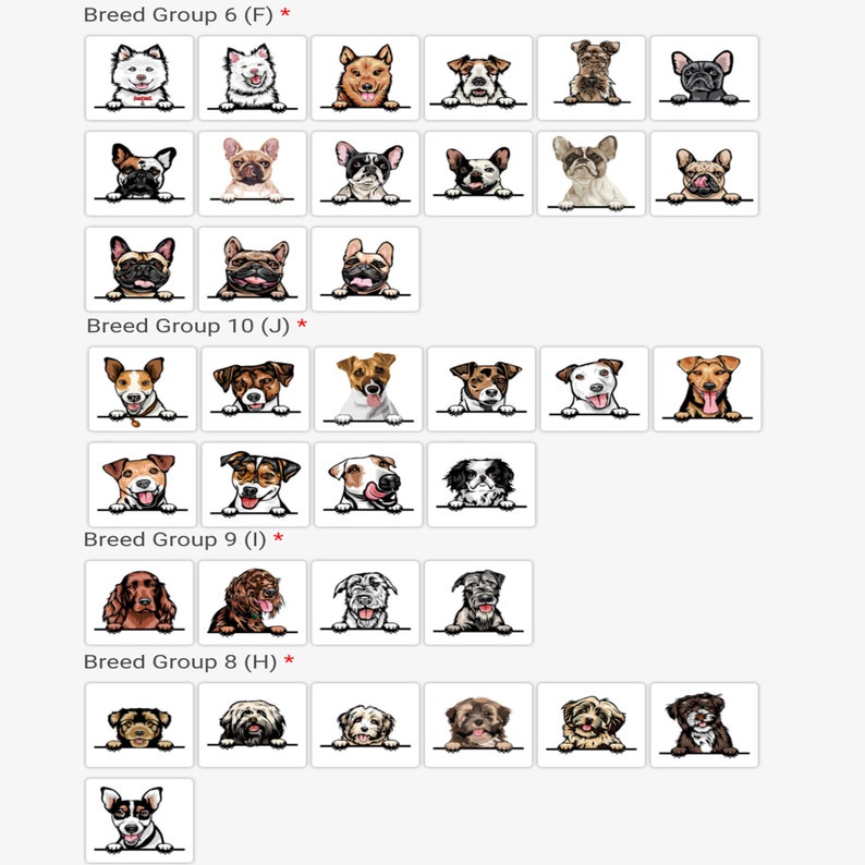 Pode incluir: Uma colagem de diferentes ra&ccedil;as de c&atilde;es, organizada em quatro grupos rotulados como "Breed Group 6 (F)", "Breed Group 10 (J)", "Breed Group 9 (I)" e "Breed Group 8 (H)". Cada grupo apresenta uma cole&ccedil;&atilde;o de rostos de c&atilde;es que espreitam por cima de uma superf&iacute;cie branca.