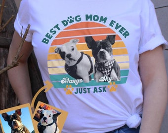 Personalized Dog Mom T-Shirt: Retro Sunset, Custom Dog Photo