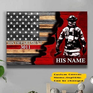 Half Thin Red Line Bunker Gear With Unit Number & Name, Personalized Firefighter Canvas Print