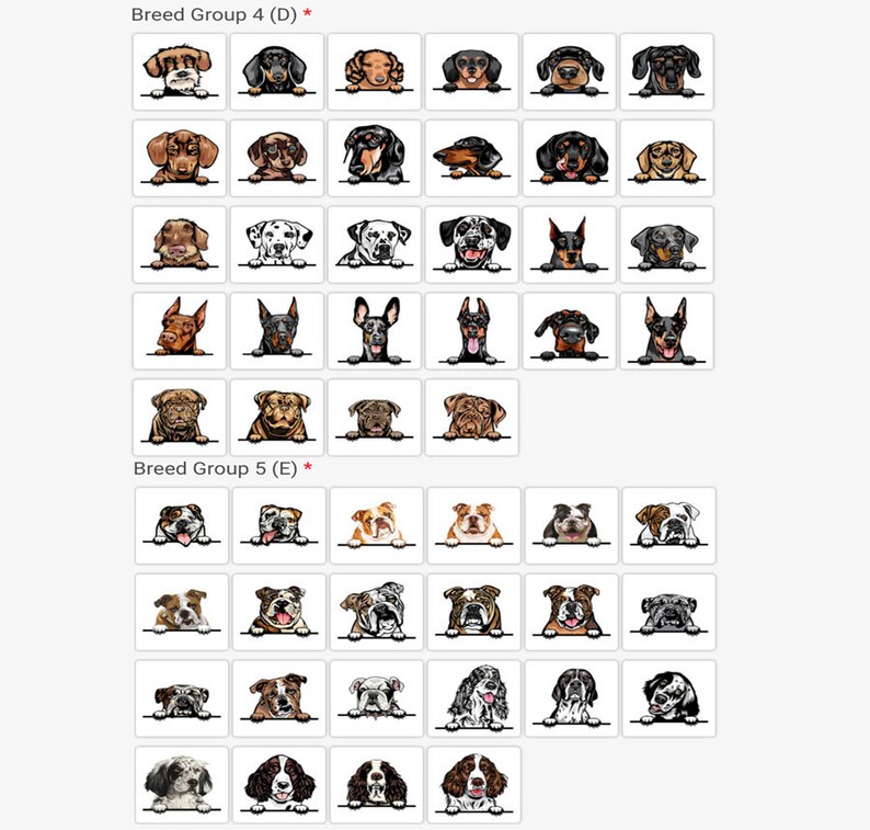 Pode incluir: Uma grade de imagens mostrando diferentes ra&ccedil;as de c&atilde;es, incluindo Dachshunds, Dobermans, Bulldogs e Springer Spaniels ingleses. As imagens est&atilde;o organizadas em dois grupos, rotulados como "Breed Group 4 (D)" e "Breed Group 5 (E)".