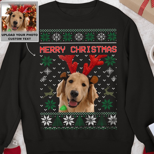 Foto hochladen Weihnachten Ugly Dog Cat Sweatshirt Hoodie, Hundeliebhaber Pullover Weihnachten, benutzerdefiniertes Gesicht Sweatshirt, lustige hässliche Weihnachtspullover