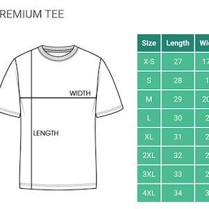 May include: A line drawing of a t-shirt with measurements for length and width. A table shows the size, length in inches, and width in inches for sizes X-S to 4XL.