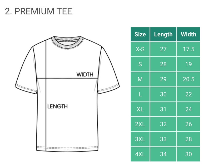 May include: A line drawing of a t-shirt with measurements for length and width. A table shows the size, length in inches, and width in inches for sizes X-S to 4XL.