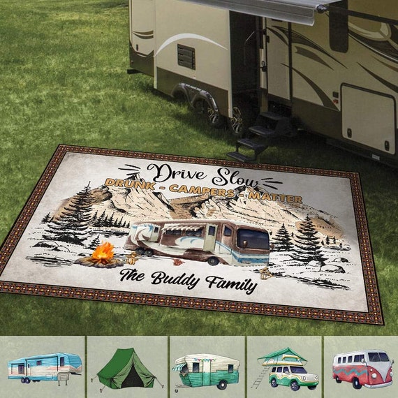 Camping Patio Rug, Patio Mat, Custom Clipart Camping RV Rug 