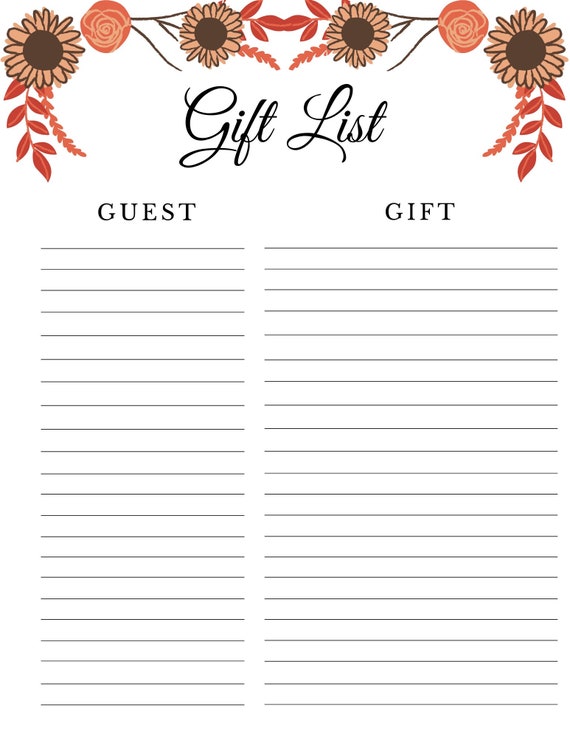 Fall Leaves Gift List Printable/Fall Bridal Shower Gift List/Fall Anniversary Gift List/Fall Gift List/Gift List Printable