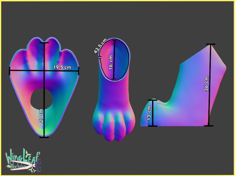 以下が含まれることがあります： 3つの虹色のカラフルな3Dプリントされた足の形をしたオブジェクトで、センチメートルで測定されています。オブジェクトは足跡、つま先のある足、かかとのある足です。