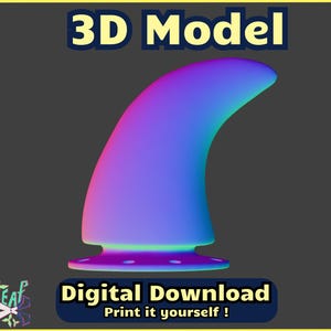 Könnte beinhalten: Ein 3D-Modell einer Surfboard-Finne mit einem Farbverlauf in Blau, Lila und Rosa. Die Finne ist an einer kreisförmigen Basis befestigt. Der Text "3D-Modell" befindet sich oben im Bild, und der Text "Digitaler Download Drucken Sie es selbst!" befindet sich unten im Bild.