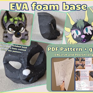 Pode incluir: Um padrão PDF e um guia para criar uma base de espuma para uma cabeça peluda. O padrão está disponível em inglês e polonês. A imagem mostra uma cabeça acabada feita a partir do padrão, bem como as peças do padrão em si.