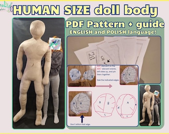 Plush male HUMAN SIZE doll body PDF pattern + detailed instructions/guide for sewing your own plushie human, digital template, man shape