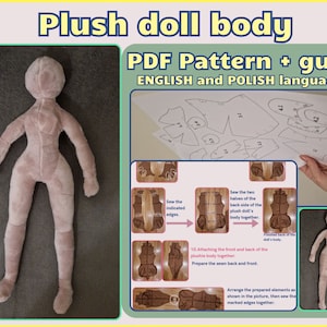 Pluche poppenlichaam van 40 cm pdf-patroon + gedetailleerde instructies/gids voor het naaien van je eigen pluche mens, digitale sjabloon, pop in vrouwelijke vorm