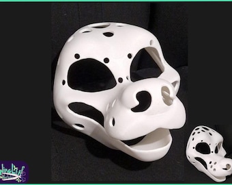 May include: White unpainted furry animal mask with holes for eyes, nose, and mouth. The mask is made of a smooth, hard plastic and has a textured surface.