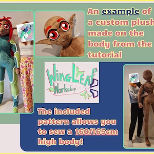May include: A plush toy pattern for sewing a 160/165cm tall body. The pattern includes instructions and examples of custom plush toys made using the pattern. The text "WingLeaf Workshop" is visible in the image.