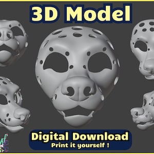 May include: A 3D model of a dog's head with a spotted pattern. The model is shown from multiple angles. The text "3D Model" and "Digital Download Print it yourself!" is visible in the image.