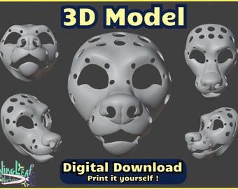 Puede incluir: Un modelo 3D de la cabeza de un perro con un patrón de manchas. El modelo se muestra desde múltiples ángulos. El texto "Modelo 3D" y "Descarga digital ¡Imprímelo tú mismo!" es visible en la imagen.