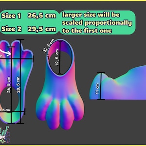 May include: Diagram showing three different sizes of a paw-shaped plush toy. The toy is made of iridescent fabric with a rainbow color scheme. The measurements are in centimeters. Size 1 is 26.5 cm, Size 2 is 29.5 cm, and the larger size is scaled proportionally to the first one.