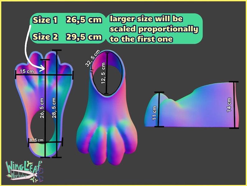 May include: Diagram showing three different sizes of a paw-shaped plush toy. The toy is made of iridescent fabric with a rainbow color scheme. The measurements are in centimeters. Size 1 is 26.5 cm, Size 2 is 29.5 cm, and the larger size is scaled proportionally to the first one.