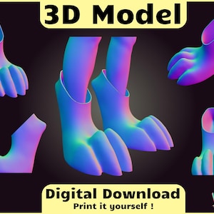 May include: A digital 3D model of stylized feet and lower legs in shades of blue, purple, and green. The image includes multiple views of the model, with the text "3D Model" and "Digital Download" at the top and bottom, respectively. The text "Print it yourself!" is also included.