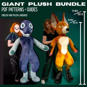 Puede incluir: Un paquete de peluches gigantes con patrones PDF y guías en inglés y polaco. Se muestran dos grandes criaturas de peluche: una azul oscuro con pies azul claro y una naranja con pecho blanco y pies negros, que miden 150 cm y 180 cm de altura.