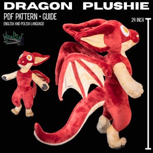 Könnte beinhalten: Ein rotes Drachen-Plüschtier, etwa 61 cm hoch, mit cremefarbenen Akzenten auf Flügeln, Ohren und Bauch. Das Plüschtier hat einen langen Schwanz und besteht aus weichem Material. Das Bild enthält auch eine kleinere Version des Drachen-Plüschtiers.