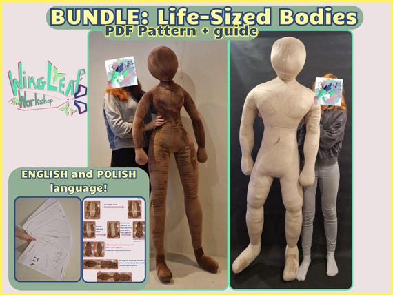 Plush BUNDLE female + male HUMAN SIZED doll bodies pdf pattern + instructions/guide for sewing your own plushie, digital template, man shape