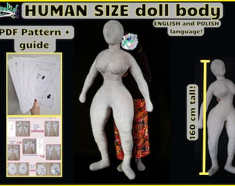 New Plush HUMAN SIZE doll body PDF pattern + detailed instructions/guide for sewing your plushie, digital template female shape life-size