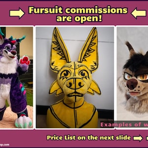 Puede incluir: Un anuncio de comisiones de fursuit, con ejemplos de trabajo. El texto "Fursuit commissions are open!" se muestra. Los ejemplos incluyen un fursuit completo morado y blanco, una cabeza amarilla y una cabeza marrón y blanca.