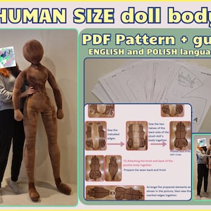 Pluche HUMAN SIZE poppenlichaam PDF-patroon + gedetailleerde instructies/gids voor het naaien van je eigen pluche mens, digitale sjabloon, pop in vrouwelijke vorm