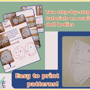 Pode incluir: Dois tutoriais passo a passo sobre como costurar corpos de bonecas. Padr&otilde;es f&aacute;ceis de imprimir! A imagem mostra um conjunto de padr&otilde;es de costura para corpos de bonecas, com instru&ccedil;&otilde;es sobre como costur&aacute;-los juntos.
