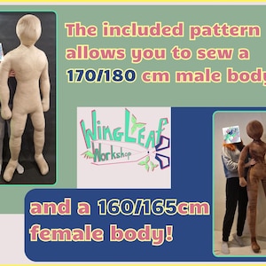 Pode incluir: Dois corpos de boneca de tecido, um marrom e outro bege, de p&eacute; ao lado de pessoas. O padr&atilde;o inclu&iacute;do permite que voc&ecirc; costure um corpo masculino de 170/180 cm e um corpo feminino de 160/165 cm. O texto "WingLeaf Workshop" &eacute; vis&iacute;vel na imagem.