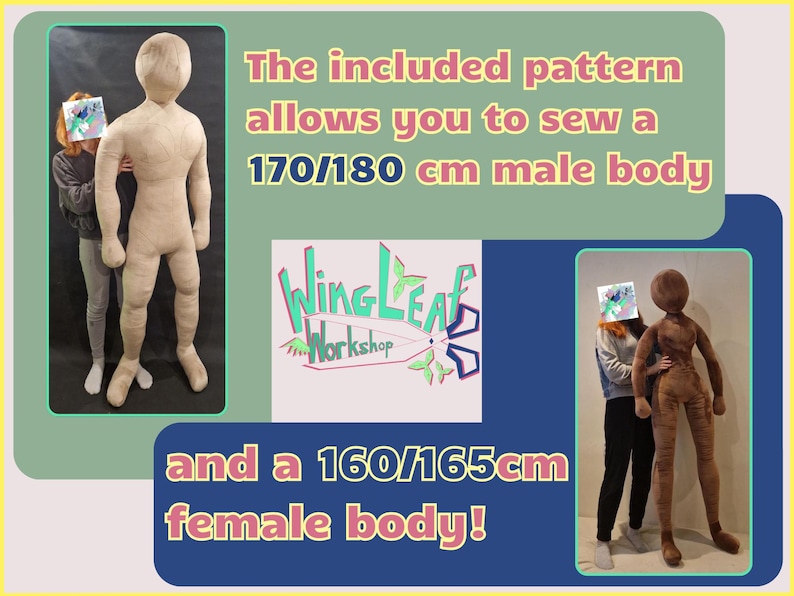 Pode incluir: Dois corpos de boneca de tecido, um marrom e outro bege, de p&eacute; ao lado de pessoas. O padr&atilde;o inclu&iacute;do permite que voc&ecirc; costure um corpo masculino de 170/180 cm e um corpo feminino de 160/165 cm. O texto "WingLeaf Workshop" &eacute; vis&iacute;vel na imagem.