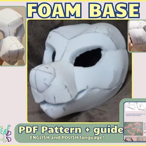 May include: Foam base for a furry head, with markings for cutting and assembly. The image shows the foam base from different angles, along with a PDF pattern and guide in English and Polish.