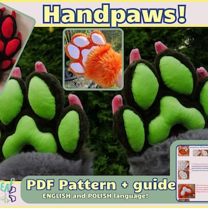 Könnte beinhalten: Ein PDF-Muster und eine Anleitung zum Nähen von Handpfoten mit drei verschiedenen Pfotendesigns: rot, orange und grün. Die Anleitung enthält Anweisungen in Englisch und Polnisch.