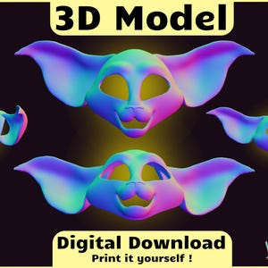Puede incluir: Modelo 3D de una cabeza de gato estilizada en tonos azules, verdes y rosas. La imagen incluye múltiples vistas de la cabeza del gato, con el texto "3D Model" y "Digital Download" en la parte superior e inferior, respectivamente. También incluye el texto "Print it yourself!".