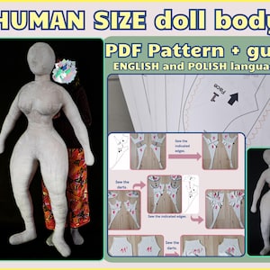 May include: A human-sized doll body sewing pattern in PDF format. The image displays a light-colored, plush, full-body doll figure alongside instructional diagrams, sewing steps, and text reading HUMAN SIZE doll body PDF Pattern + guide.