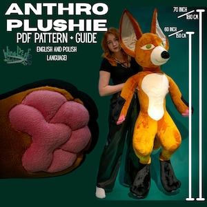 Może przedstawiać: Wzór i przewodnik po pluszaku antropomorficznym. Pluszak to duży, antropomorficzny lis z pomarańczowym, białym i czarnym futrem. Pluszak ma od 150 cm do 180 cm wysokości. Tekst na zdjęciu mówi "ENGLISH AND POLISH LANGUAGE!"