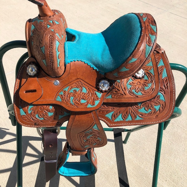 Kids Western Horse Barrel Saddle Horse Floral Tooled Leather 8 "-Pink/Purple/Turquoise/Brown