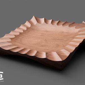 May include: A wooden serving bowl with a square shape and a wavy, scalloped edge. The bowl is made of light brown wood and has a smooth, polished finish.