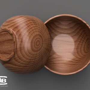 May include: Two wooden bowls, one turned upside down, revealing the inside of the bowl. The bowls have a natural wood grain pattern.