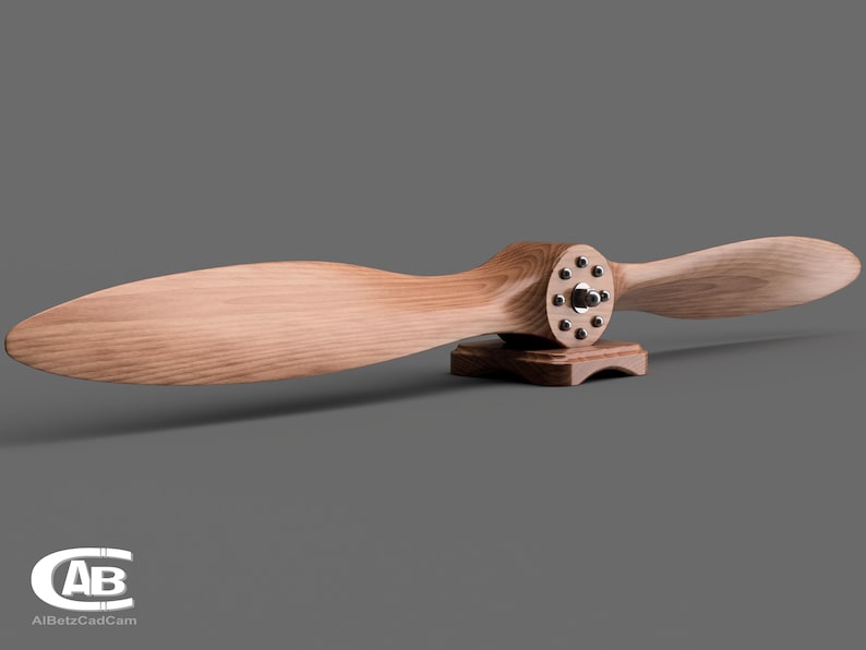 May include: A wooden airplane propeller with a metal hub and a wooden base. The propeller is mounted on the base and is ready to be displayed.