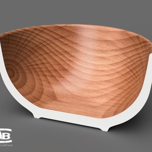May include: A wooden bowl with a white rim. The bowl is made of light brown wood with a grain pattern. The bowl is empty.