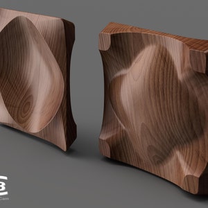 May include: Two wooden wall panels with a unique, three-dimensional design. The panels are made of a light brown wood with a natural grain pattern.