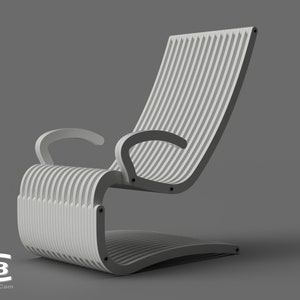 May include: A white, slatted, modern chair with a curved base and a single armrest. The chair is made of wood and has a minimalist design.