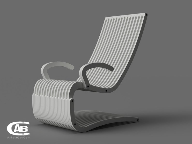 May include: A white, slatted, modern chair with a curved base and a single armrest. The chair is made of wood and has a minimalist design.
