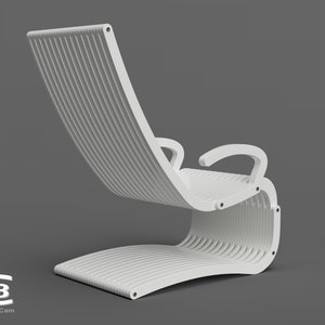 May include: White modern chair with a curved back and armrests. The chair is made of a series of thin, curved slats.