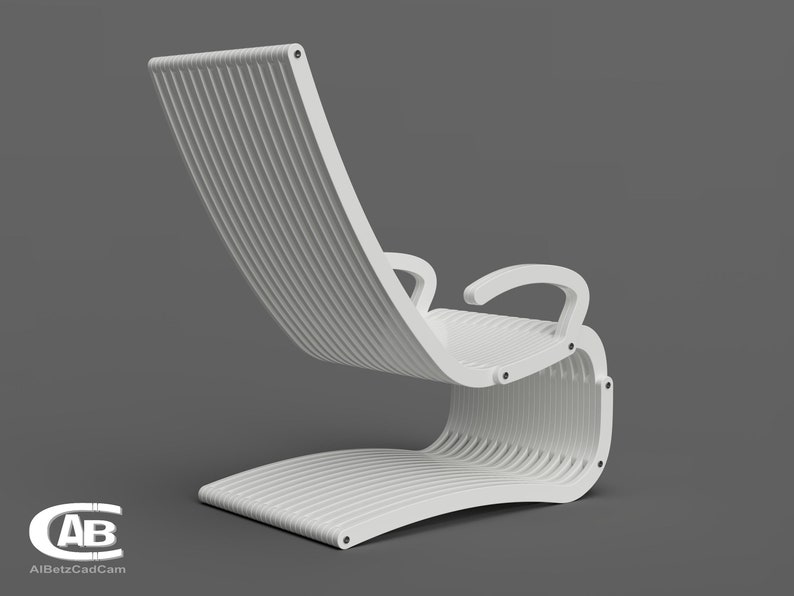 May include: White modern chair with a curved back and armrests. The chair is made of a series of thin, curved slats.