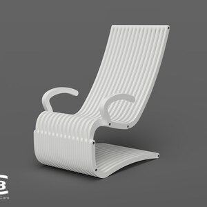 May include: White, modern, slatted chair with a curved design and two armrests. The chair is made of a single piece of material and has a unique, flowing shape.