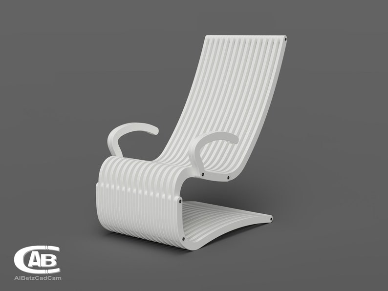 May include: White, modern, slatted chair with a curved design and two armrests. The chair is made of a single piece of material and has a unique, flowing shape.