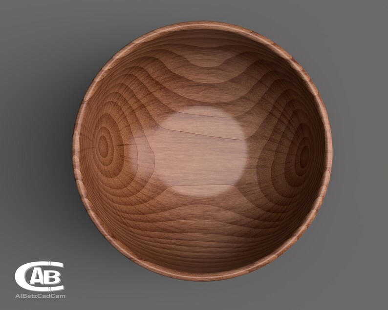 May include: A wooden bowl with a natural wood grain pattern. The bowl is empty and has a smooth, polished finish.