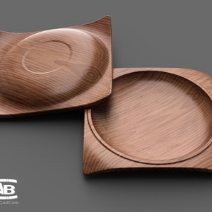 May include: Two wooden serving trays, one with a raised edge and the other with a slightly curved shape. Both trays have a natural wood grain finish.